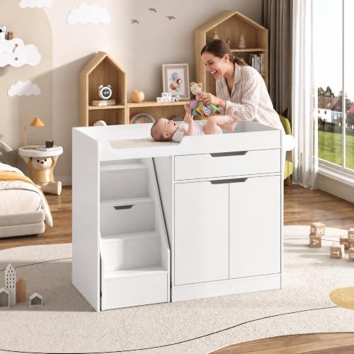 St.Mandyu Baby Changing Table with Drawers & Storage, Diaper Changing Station with Stairs, Toddler Wooden Changing Table with Paper Roller for Daycare & Home, White - 1