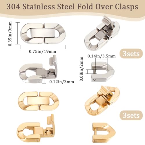 Beebeecraft 1 Box 6 Set Fold Over Clasps Stainless Steel 2 Colors Oval Shaped Extender Clasps For Diy Bracelet Necklace Jewelry Making Gold&Sliver thumb #1