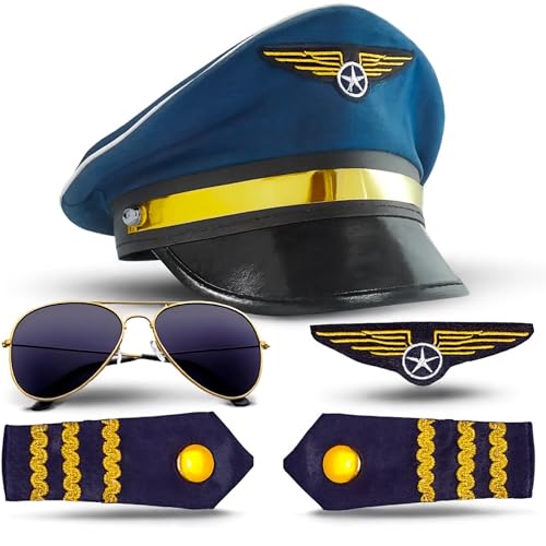 Ensemble Capitaine de Carnaval pour Hommes - Costume avec Bandes d'Épaulettes, Chapeau de Pilote, Casquette et Insigne