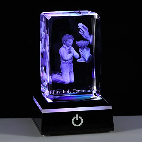 Image of Qianwei First Communion Gifts for Boys, 3D Engraving Crystal Praying Boy John Figurine First Communion Veil Decoration, Baptism Gifts for Boy Catholic