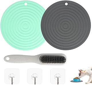 2 PCS Small Silicone Pet Bowl Mat Feeding Mat Small Non Slip Pet Mat Round with 3 PCS Hooks and 1 PCS Brush Reusable Easy to Clean Cat Dog Bowl Mat for Small Pet (9.5in, Grey, Light Green)