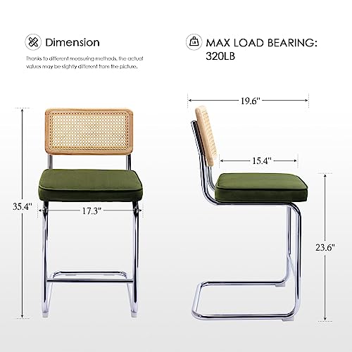 Zesthouse 24'' Counter Height Rattan Bar Stools Set Of 2, Modern Bar Stools For Kitchen Island With Natural Cane Backs, Upholstered Velvet Fabric Counter Chairs Stools Armless, Metal Chrome Legs+Green #TOP2