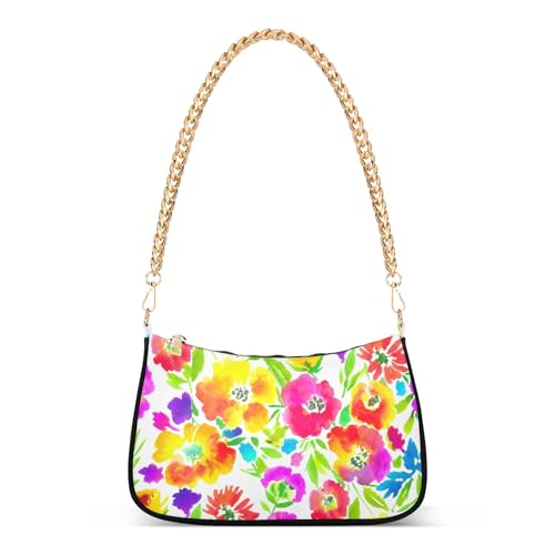 Zipper Hobo Totes Purse Bags Vibrant Watercolor Flowers Pink Medium Handbag Tote Women One Shoulder Purses with Chain Strap