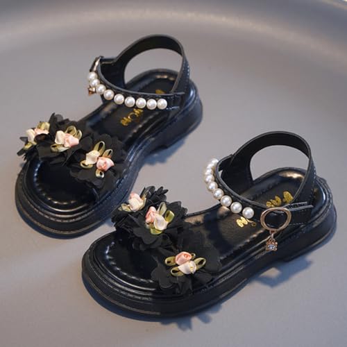 Girls Dress Sandals Kids Floral Open Toe Wedding Party School Summer Pearls Ankle Strap Flat Sandal Flower Girl Shoes4