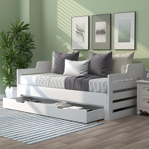 Wooden Daybed with Trundle and Drawer, Cabin Bed, Solid Guest Bed&Sofa Bed, Pull out Trundle and Storage Drawer for Living Room and Bedroom - Single (3') 90 x190 cm - White【UK Fast Shippment】 Cover