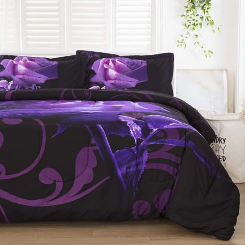 Purple Duvet Cover Set King Reversible Purple Rose Printed Bedding Quilt Cover with Zipper Closure, 3 Pieces (1 Duvet Cover + 2 Pillow cases), Soft Lightweight Microfiber 230x220cm