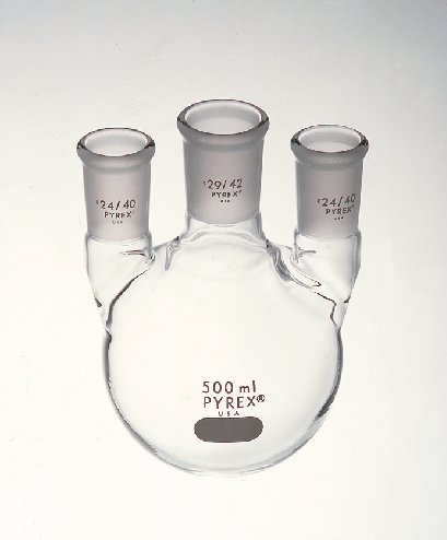Corning Pyrex Borosilicate Glass Three Neck Distilling Flask with 45/50 Center Vertical and 24/40 Side Neck Standard Taper Joints, 3000mL Capacity (Case of 3)