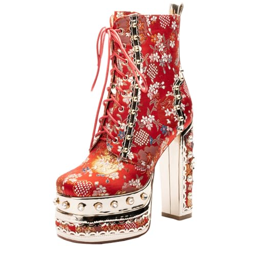 Bottines à talons hauts blocs carrés brodés avec lacets et fermeture éclair