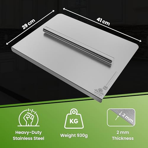Image of Arteora - Premium 304 Stainless Steel Countertop Chopping Board for Kitchen | Free Rolling Pin | Food Grade Steel |, Odor-Free | Vegetable Cutting Board | Reversible | (Silver, 41x29 cm | XL)