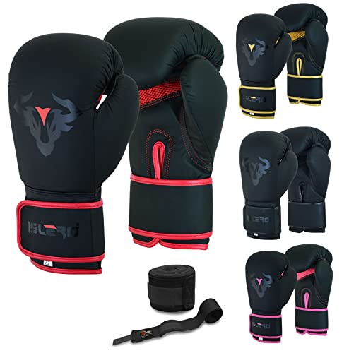 Islero EVO Fitness Matte Black Boxing Gloves Men Punch Bag Women Pink MMA Muay Thai Martial Arts Kick Boxing Sparring Training Fighting Gloves With Hand Wraps (10 OZ