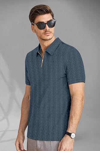 Image of Men's Cotton Polyester Regular Fit Polo T-Shirt with Short Sleeve and Zipper as Closure