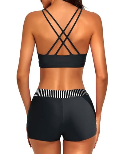 Image of 3 Piece Tankini Long Sleeve Swimsuits Athletic Rash Guard Bathing Suits | Modest,Full Coverage,High Waisted Short,Quick Dry,Criss Cross Back