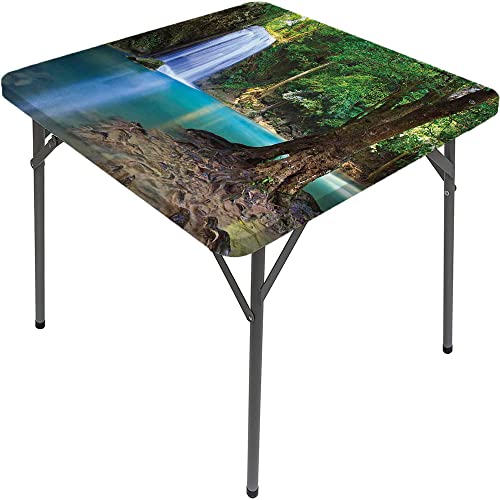 Woodland Square Fitted Tablecloth, Waterfall Jungle Tropic Plants Trees Tourist Attraction, Elastic Edge, Suitable For Table Decoration, Buffet And Camping, 35"X35" Turquoise Blue #TOP1