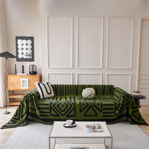 VClife Bohemian Sofa Covers, Modern Olive Green Black Checkered Jacquard Couch Cover for Dog, 2-Seaters Sofa Slipcover for Pet, Multi-Functional Furniture Protector for Living Room, 71"x118"