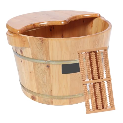 PENIKOKO Lavabo para Baño de Pies de Madera de Cedro Tapa y Masajeadores, Bañera Gruesa para Remojo en Casa, Cubo Térmico para Pedicura, Adecuado para Oficina y Ocio, Set Práctico
