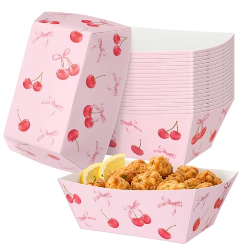 Ceenna 50 Pcs Cherry Paper Food Trays Disposable Pink Cherry Bow Snack Nacho Popcorn Serving Tray Boats for Spring Wedding Bridal Baby Shower Birthdays Engagement Bachelorette Tea Party Supplies