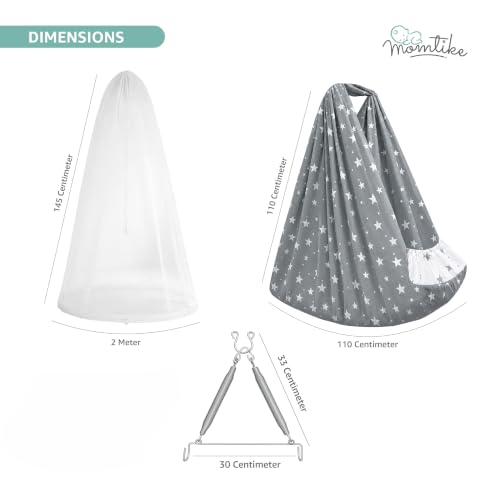 Image of Baby Cradle Swing for Newborns | Cotton Fabric Filled with Recron Fibre | Hanger Spring, Mosquito Net & Mattress with Insert Pocket | Jhoola, Thottil, Joli, Jokali, Onjal (Grey)