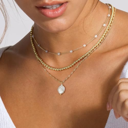 Gold Pearl Necklace，Layered Gold Choker Necklaces for Women Pearl Pendant Necklaces Stackable Stacked Stacking Layering Dainty Gold Necklace Pearl O Chain Necklace Simple Jewelry Gift2