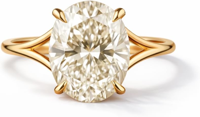14K Yellow Gold Oval Cut Moissanite Engagement Ring for Women Solitaire 4 Prong Split Shank Bridal Ring Minimalist Promise Proposal Ring Anniversary Jewelry Gift for Her