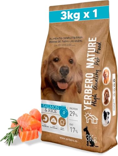 YERBERO Nature Salmon & Rice Pienso sin Gluten con Salmon para Perros - Alimento Hipoalergénico con Alta Digestibilidad - Comida Natural y Omega 3 y 29% de Proteína - 3 kg