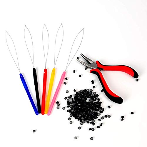 Hair Extension Kit Pliers Pulling Hook Bead Device Tool Kits and 200 Pieces Silicone Lined Micro Rings (Black Beads)