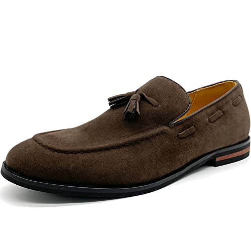 CMM Men's Suede Slippers Loafers Dress Shoes with Tassel Flats Slip-on Prom Loafer Coffee 10