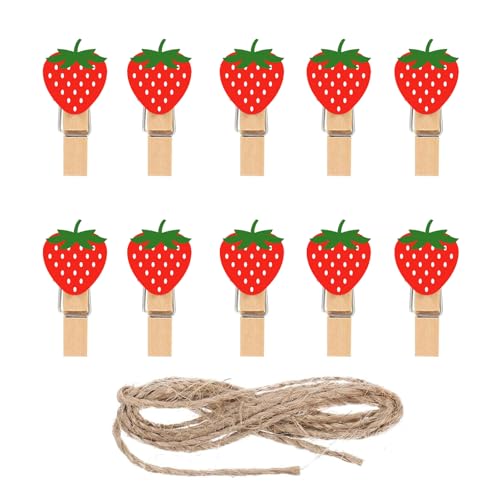 JarThenaAMCS 50 Pcs Strawberry Wooden Clip with Jute Twine Cute