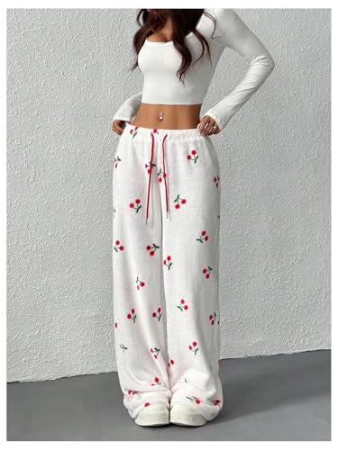 Women's Cherry Graphic Lounge Pants Y2k Fuzzy Drawstring Waist Straight Leg Casual Trousers4