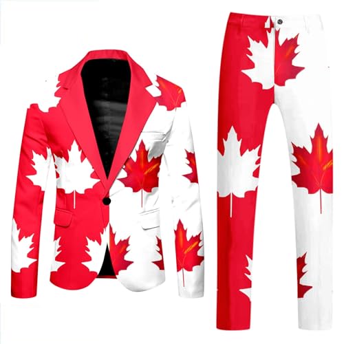 Tuxedo Suits for Men 2 Piece Canada Maple Leaf Printed Lapel V Neck One Button Blazer and Pant Matching Sets