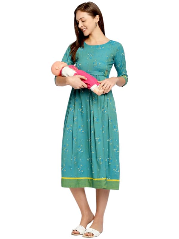 Image of DUMMY SHAPE Maternity Gown for Women | Feeding Flare Kurta with Dual Nursing Zippers for Pre & Post Partum | Maternity Dresses for Women Cotton (DS-MAT-P049-M, Turquoise)