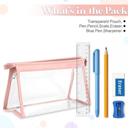 Image of GLUN Pink Transparent Zipper Pouch with inchAll The Best inch Stationery Kit Includes Scale, Pencil, Eraser, Sharpener & Pen Set for School Students