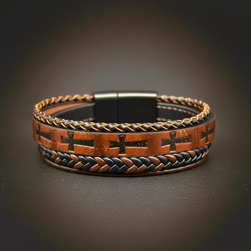Image of THE MEN THING Leather Bracelet for Men - American Style Genuine Leather Multi-Layer Braided Bracelet with 100% Stainless Steel Magnetic Buckle for Men & Boys (8 inch)