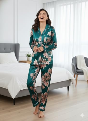 Image of Night Suit for Women with Full Sleeve Button-Down Top with Pant Dress for Woman, Night Dress for Woman, Lycra Two-Piece Loungewear Set