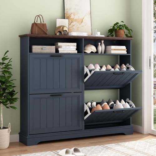 Image of Hidden Shoe Storage Cabinet with 4 Flip Drawers & Open Storage