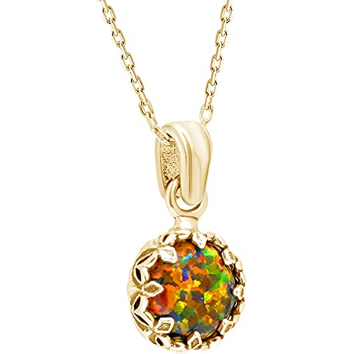 Black Opal Pendant Necklace for Women in 14k Yellow Gold Plated on 925 Sterling Silver - October Birthstone 8mm Round Cut Gemstone - Vintage Handmade Crown Style Silver Mount on a Gold Plate Chain