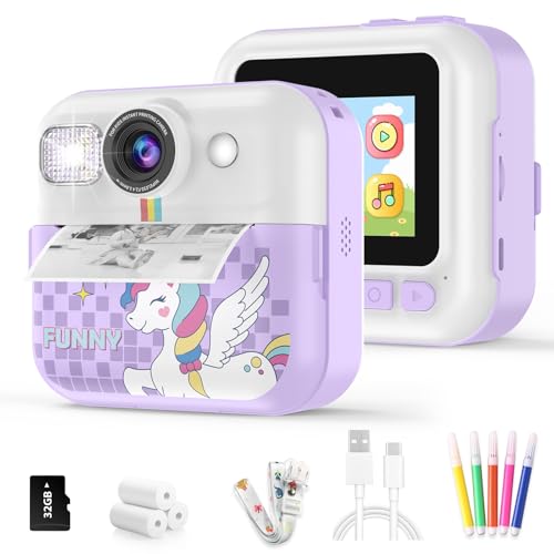 Kids Instant Print Camera, 1080P Children Printable Cameras Christmas Birthday Gifts for Girls Age 3-10, Toddler Toys for 3 4 5 6 7 8 9 10 Year Old Boys with 3 Roller Photo Paper (Purple)