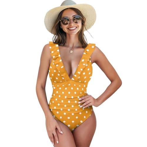 Suhoaziia Traje de baño de una pieza para mujer, con control de abdomen, con volantes, cuello en V, con lazo en la espalda, monokini adelgazante, tallas XS a XXL, Lunares naranjas, XL