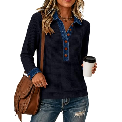 Waffle Knit Shirts for Women Henley Neck Contrast Denim Patchwork Shirt - image 6