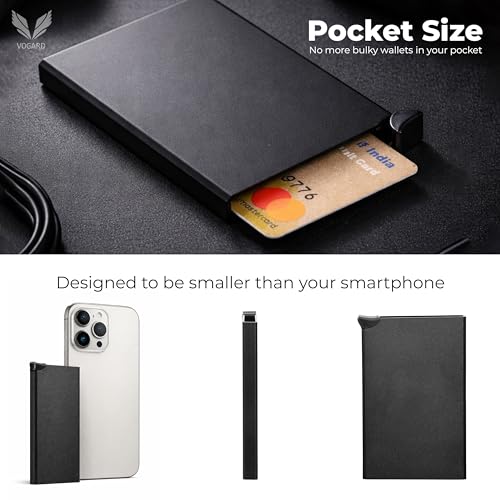 Image of VOGARD Slim RFID Card Wallet for Men & Women - Metal Minimalist Card Holder with Quick Access Button | Holds 5-6 Cards | Front Pocket Compact RFID Blocking Wallet (Black)