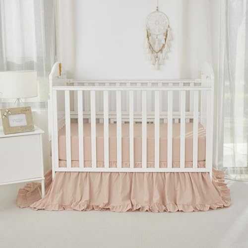 Image of Brandream Boho Bohemian Girl Baby Nursery Crib Bed Skirt Dust Ruffle - Neutral Solid Color Blush Farmhouse Chic 100% Washed Cotton Ruffle