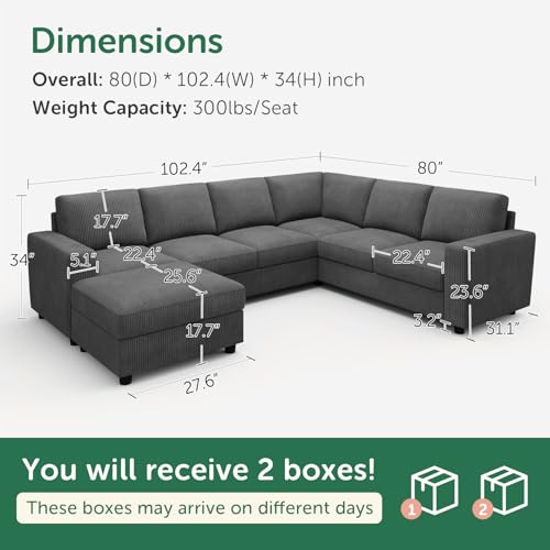 Image of HONBAY 7 Seaters U Shape Corduroy Sectional Sofa for Living Room, Dark Grey | 7 Seaters Sofa with Storage,U Shaped Sofa,Removable Covers