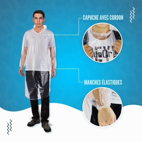 Ember Rock Ponchos de Pluie Imperméables Jetables, Lot de 12 - Manteaux de Pluie d'Urgence - Capuche, Manches - Hommes, Femmes - Randonnée, Unisexe – vue 4
