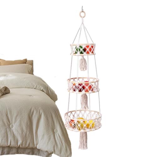 Verdulero Boho, Colgador de frutas de 3 niveles - Soporte para plantas decorativo bohemio de 3 niveles | Cesta de fruta de niveles de algodón con gancho