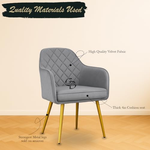 Image of Velvet Accent Chair with Matching Pouffe & Floral Cushion | Modern Upholstered Armchair with Gold Metal Legs | Lounge Chair for Living Room, Bedroom, Office, Guest Room (Light Grey Diona)