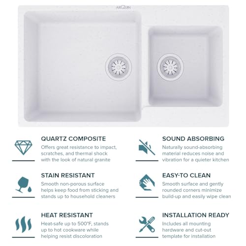 Image of ARQUIN Double Bowl Quartz Kitchen Sink 34x20x9 Inch Sand Pluto| Durable & Scratch-Resistant Sink | Undermount,Topmount | Including Coupling,Sink Connector,Waste Pipe & Fruit Washing Basket