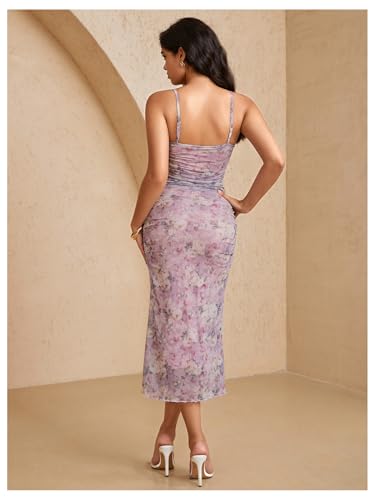 Image of Milumia Women's Elegant Floral Ruched Spaghetti Straps Cami Dress Fishtail Bodycon Midi Dresses