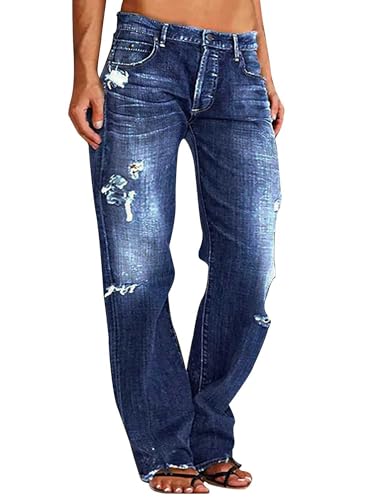 Women Men Vintage Wash Ripped Jeans High Waist Straight Leg Denim Pants Couple Zip Buttons Distress Loose Trousers