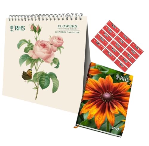 Image of Royal Horticultural Society Calendar 2027 Desk Calendar Easel & RHS A5 Diary 2027 Hardback Giftset bundle Includes Free organising stickers