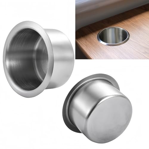 2Pcs Stainless Steel Drop-in Cup Drink Holder Silver Game Table Cup Holder Insert Cinema Sofa Drop-in Drink Cup Holder for Sofa Boats Bench Desk RV Cars (OD 4.2 ID 3.3)