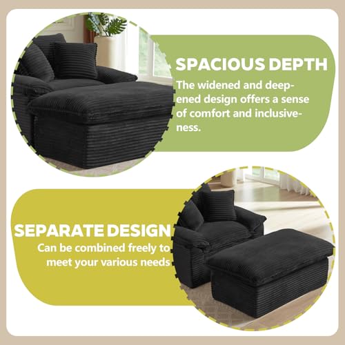 Oversized Chaise Lounge Chair Indoor, Boneless Chaise Lounges with Cup Holders & 3 Pillows, Modern Corduroy Sleeper Sofa Cloud Couch Chair with Wide Arms, No Assembly Required (Black, 52")